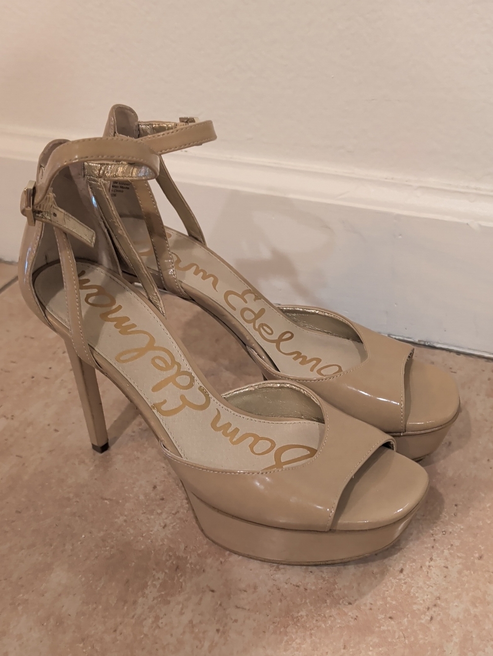 Sam Edelman Nude Patent Platform Ankle-Strap Heels SZ 6 1/2